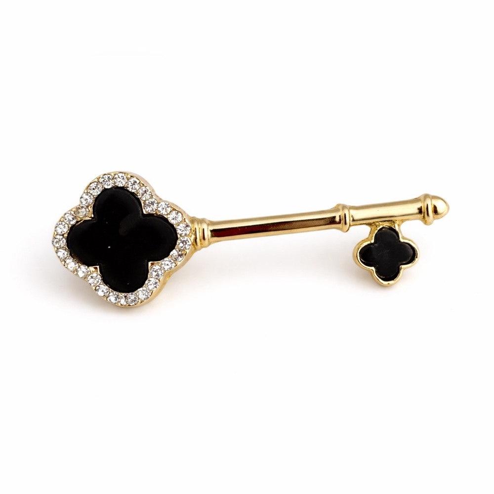 Clover Cuff Brooch | Black Enamel + Rhinestone Gold Tone